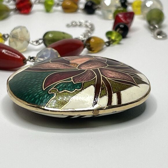 Artisan Handcrafted Floral Enamel Cloisonne Pendant Glass Beaded Necklace - Picture 8 of 9